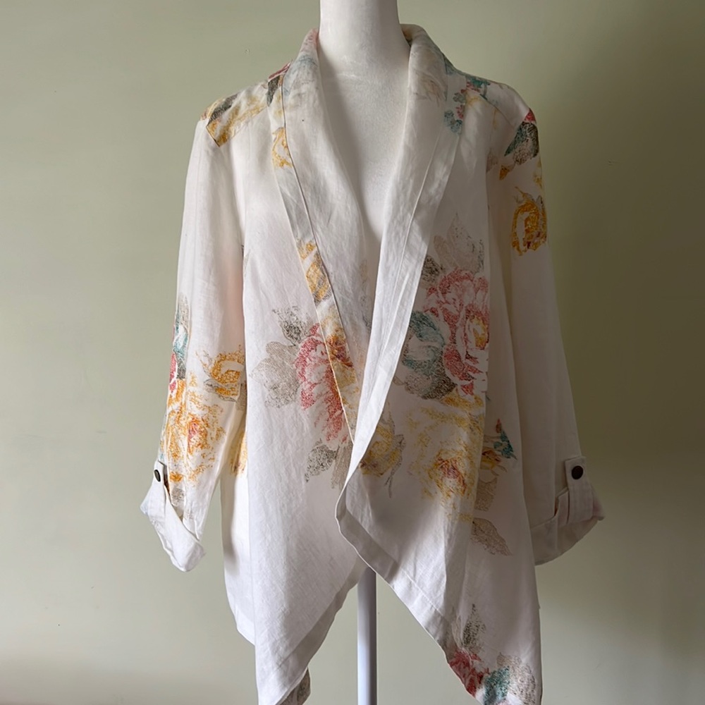 Chico’s Women Sz 2 Open Front Cardigan Linen Tunic Pastel Roses Flowers Floral - Picture 1 of 6